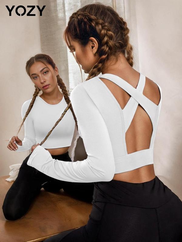 Christmas Deals,  YOZY Women's Solid Criss Cross Backless Crop Tee, Casual Long Sleeve Round Neck Skinny T-shirt for Yoga Gym, Ladies Clothing for All Seasons, Christmas 2024 Trend, Christmas Clothes, Fall&Winter Clothes, Christmas Gift Ideas