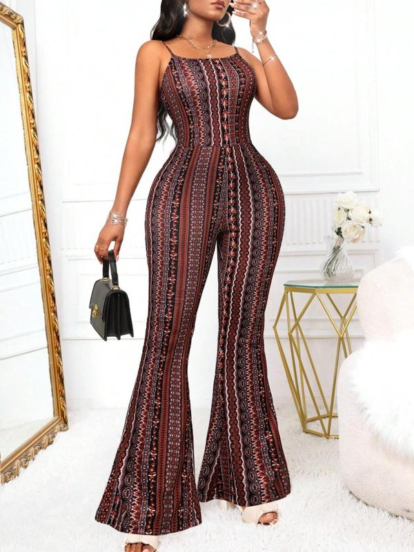 Women's Ethnic Pattern Cami Jumpsuit, Boho Sleeveless Spaghetti Strap Flared Jumpsuit for Beach Holiday Vacation, Ladies Clothes for Summer