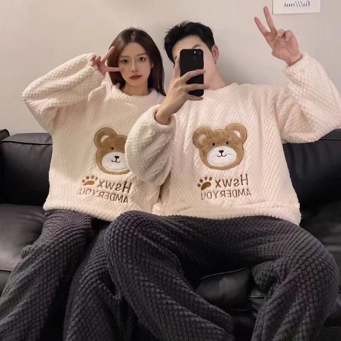 Couple Pajamas Autumn New Pajamas Women's Coral Fleece Fleece Lined Padded Warm Keeping Men's Cartoon Home Wear Suit