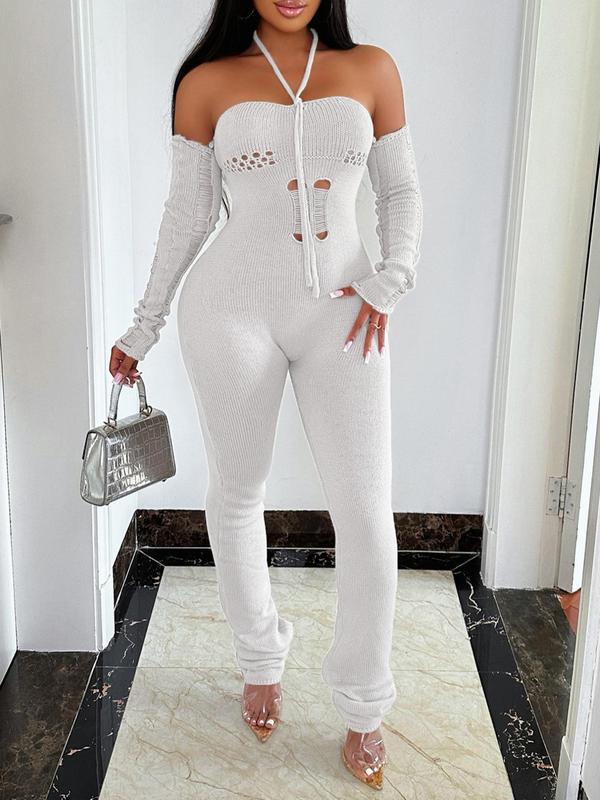 Women's Ripped Lace Up Sweater Jumpsuit, Basic Comfort Halter Neck Backless Jumpsuit, Jumpsuit for Women, Fall Outfits, Ladies' Clothes for Party Club, Please Purchase A Size Up Sweater