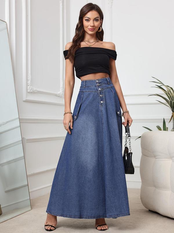 Women's Plain Button Front Pocket A Line Denim Skirt, Casual Fashion Long Skirt for Daily Wear, Ladies Clothes for All Seasons