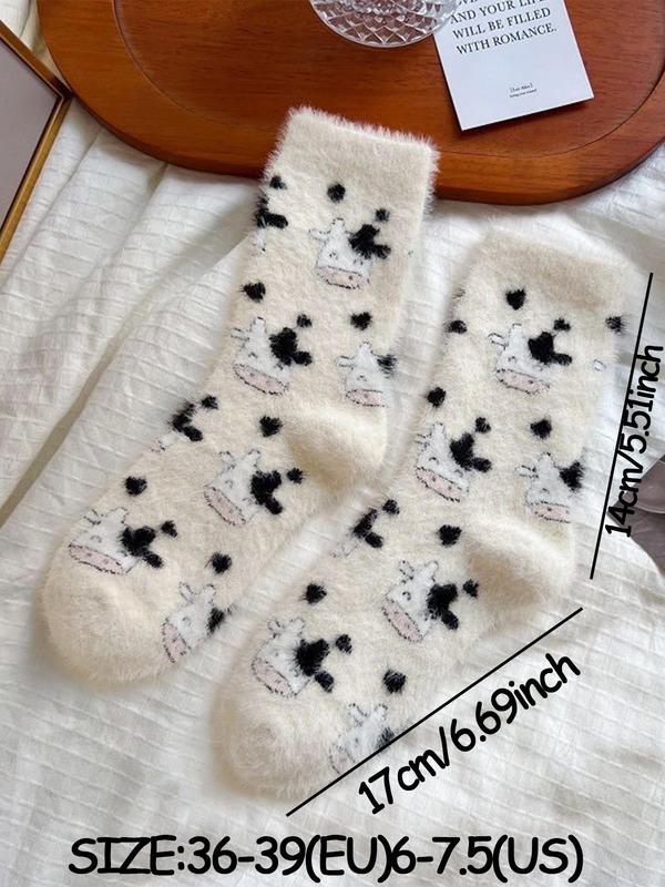 Women's Cute Cow Print Fuzzy Socks, Warm Crew Socks for Daily Wear, Casual Comfy Socks for Fall & Winter, Summer Wear 2024, Trendy Matching Knitting Socks, Fluffy Pajamas Womenswear