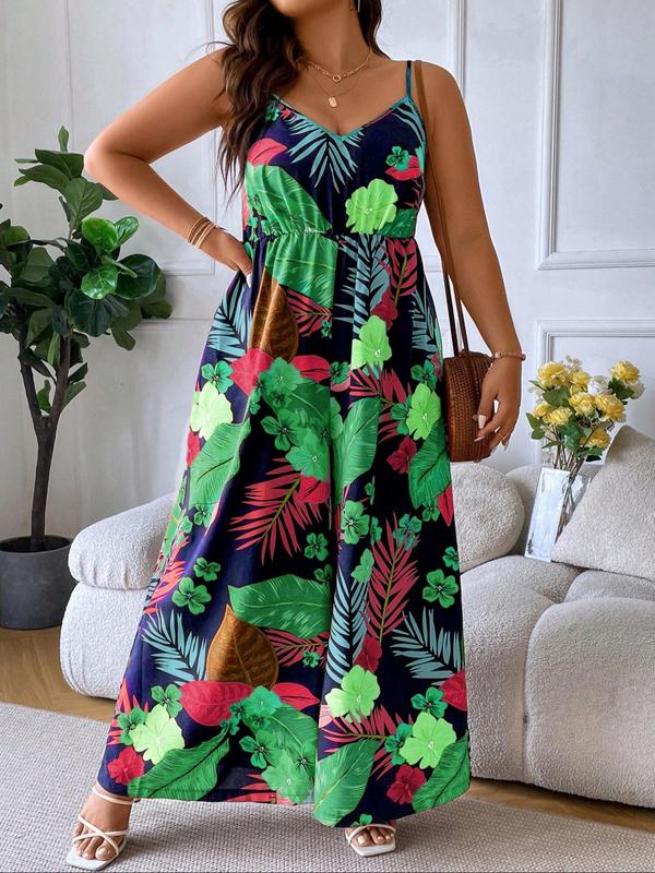  Plants Print Backless Cami Jumpsuit, Elegant Sleeveless Wide Leg Jumpsuit for Summer, Women's Plus Clothing for Daily Wear