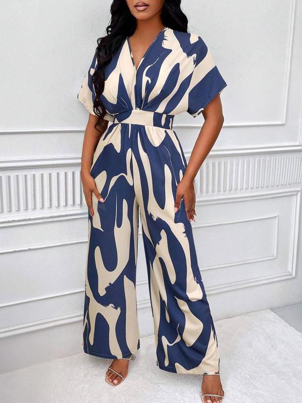 Women's All Over Print Shirred Jumpsuit, Elegant Batwing Sleeve Wide Leg Jumpsuit, Fashion Women's Clothes for Daily Wear