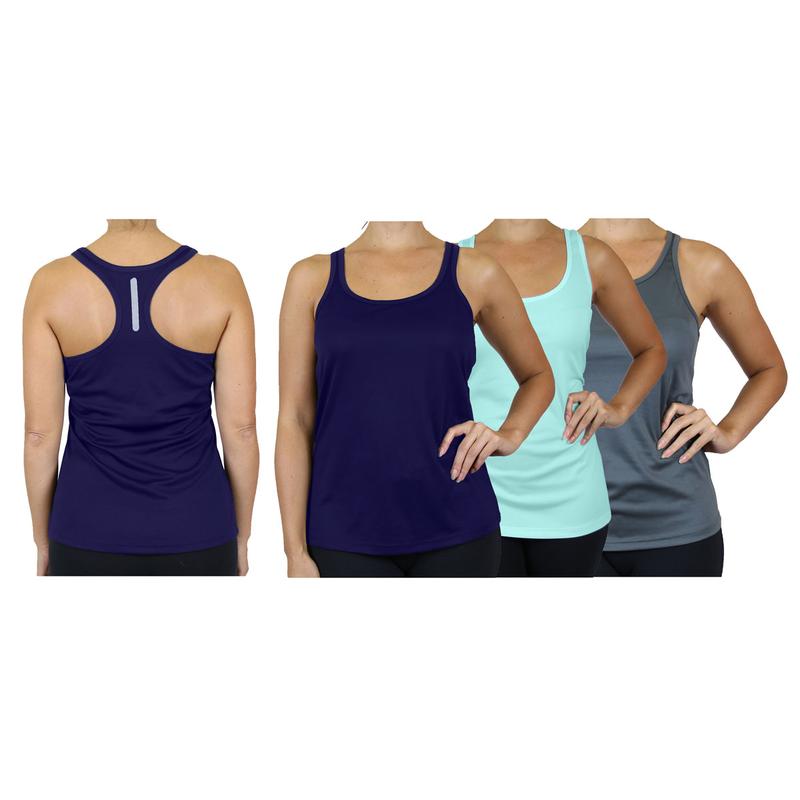 Women's 3-Pack Casual Slim-fitting Moisture Wicking Comfort Fabric Racerback Tops with Reflective Polyester