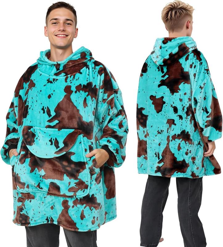 Blue Cow Print Wearable Blanket Hoodie Oversized Fleece Sweatshirt Blanket with Giant Pocket Warm Cozy Hooded Blanket for Adult Cow Gifts for Women Men