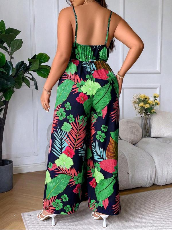  Plants Print Backless Cami Jumpsuit, Elegant Sleeveless Wide Leg Jumpsuit for Summer, Women's Plus Clothing for Daily Wear