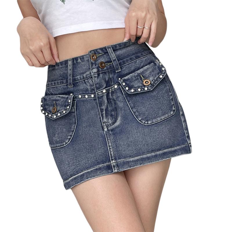 Womens Y2k Mini Denim Skirt Low Waisted Bodycon Short Pencil Jeans Skirts with Pockets 90s Streetwear