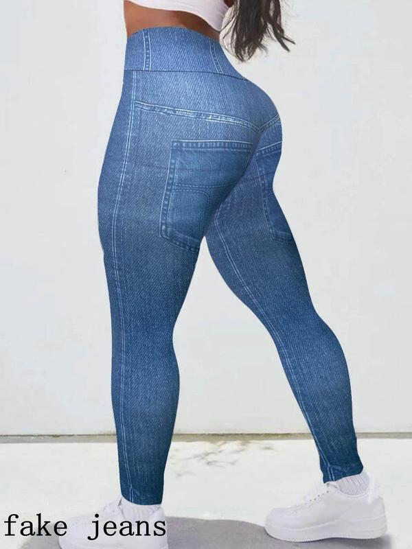 Plus Size Denim-Effect Print High Waist Blue Leggings, Womenswear, Comfort Basic Minimalist Casual Stretchy Skinny Pants Trousers for Daily Outdoor Streetwear, Women's Bottoms for Lady Spring & Fall