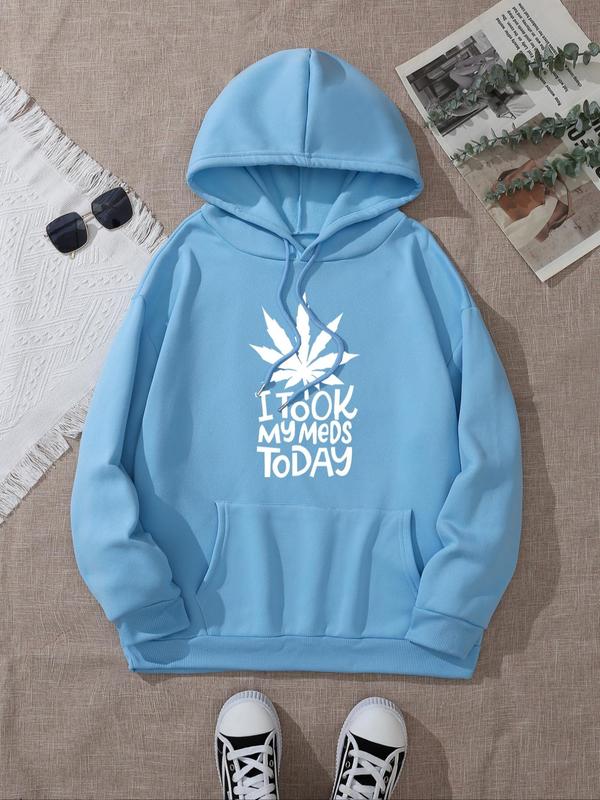 Women's Leaf & Letter Print Drop Shoulder Hoodie, Fashion Casual Letter Print Kangaroo Pocket Hooded Sweatshirt for Daily Holiday Outdoor Wear, Ladies Clothes for Spring & Fall