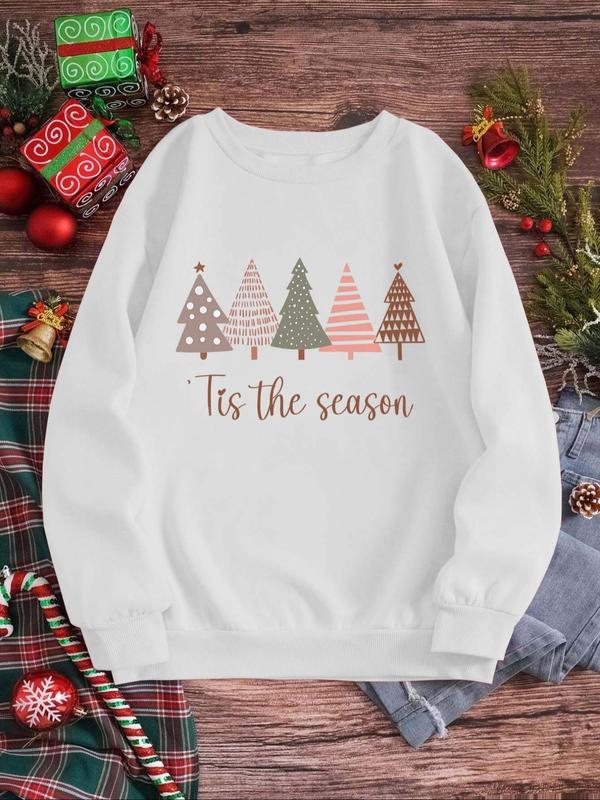 Women's Christmas Tree & Letter Print Drop Shoulder Sweatshirt, Casual Long Sleeve Round Neck Pullover for Fall & Winter, Ladies Clothes for Daily Wear