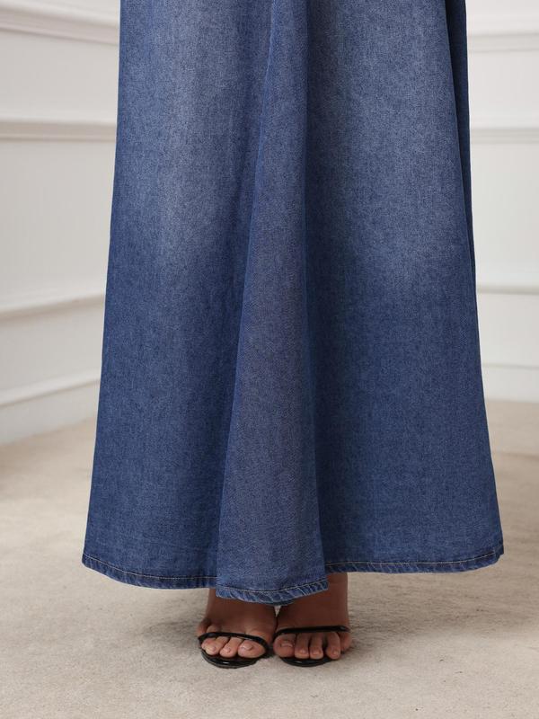 Women's Plain Button Front Pocket A Line Denim Skirt, Casual Fashion Long Skirt for Daily Wear, Ladies Clothes for All Seasons