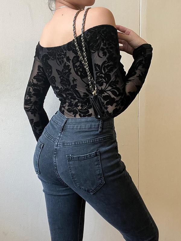 Women's Hook & Eye Closure Front Sheer Floral Lace Bodysuit, Elegant Sweetheart Neck Long Sleeve Bodysuit for Spring & Fall, Women's Clothing for Daily Wear