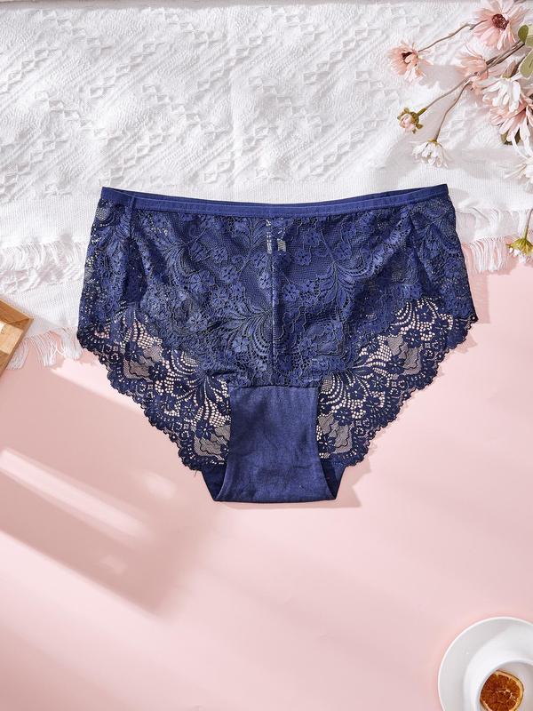 Plus Size Contrast Lace Knicker, Women's Elegant Comfy Breathable Panty Set, Fashion Ladies' Underwear for All Seasons