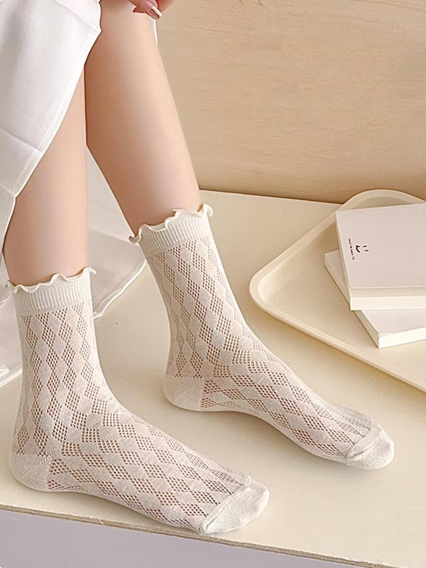 Women's Solid Lettuce Trim Crew Socks, Casual Comfy Hollow Out Socks for Daily Wear, Soft Breathable Socks for All Seasons