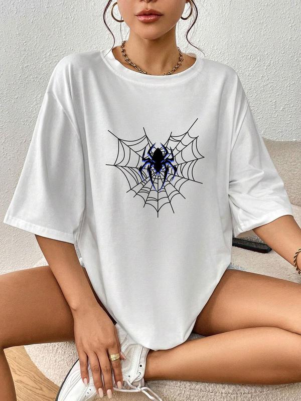 Women's Spider & Heart Print Drop Shoulder Tee, Street Fashion Casual Short Sleeve Round Neck T-Shirt for Daily Holiday Vacation Outdoor Wear, T Shirts for Women, Ladies Summer Clothes