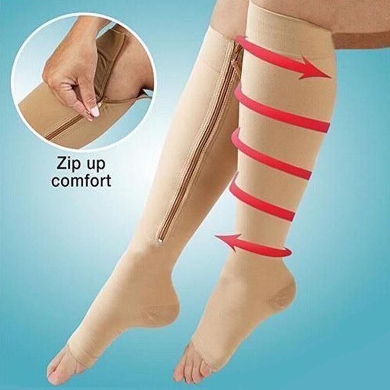 Unisex Zipper Anti-fatigue Compression Stockings Nylon Leg Support Stretch Pressure Long Socks Knee High Open Toe Socks