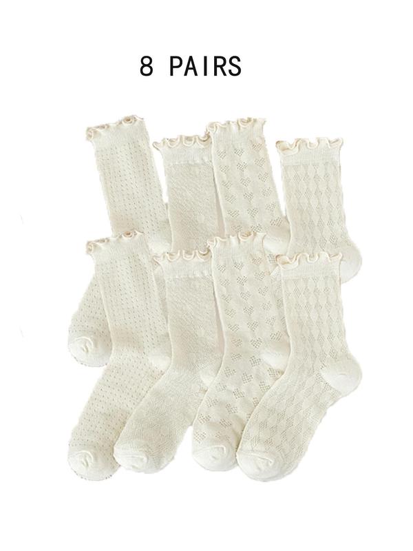 Women's Solid Lettuce Trim Crew Socks, Casual Comfy Hollow Out Socks for Daily Wear, Soft Breathable Socks for All Seasons