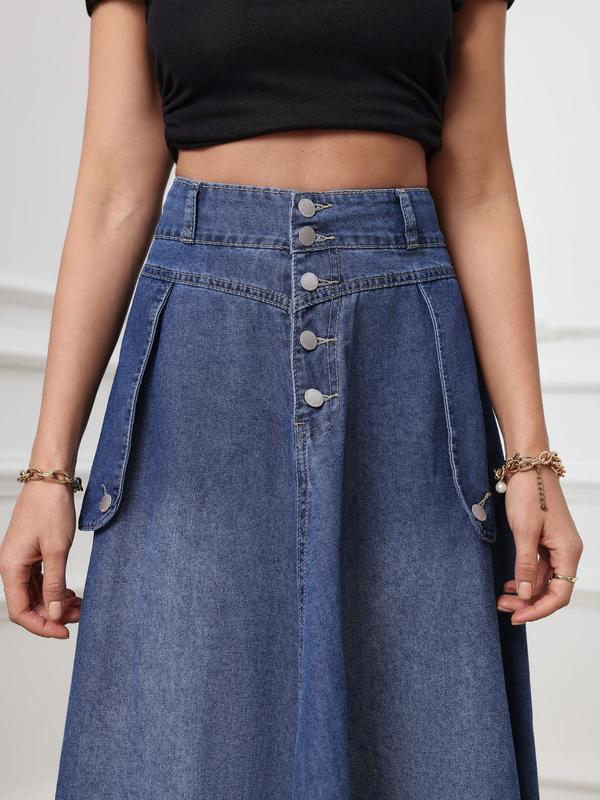 Women's Plain Button Front Pocket A Line Denim Skirt, Casual Fashion Long Skirt for Daily Wear, Ladies Clothes for All Seasons