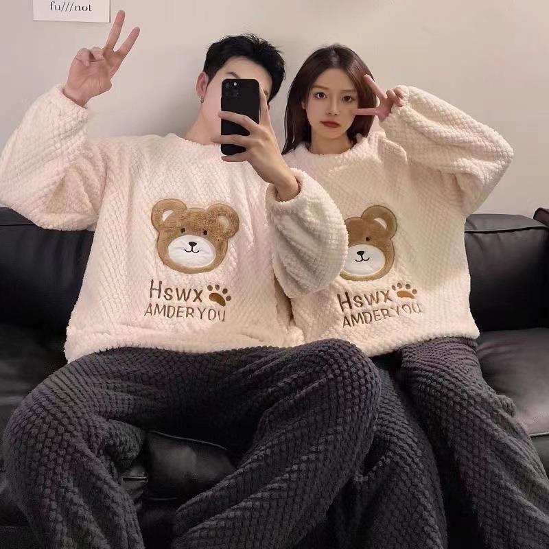 Couple Pajamas Autumn New Pajamas Women's Coral Fleece Fleece Lined Padded Warm Keeping Men's Cartoon Home Wear Suit