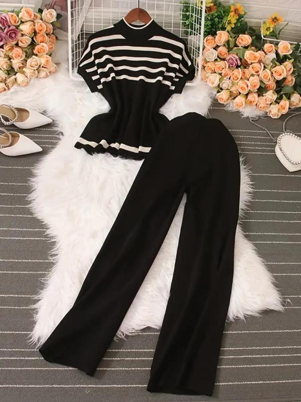 Women's Striped Print Batwing Sleeve Knit Top & Wide Leg Pants Sweater Co-ord Set, Elegant Mock Neck Top & High Waist Trousers, Women's Summer Outfits, Stockholm Style Black Girl