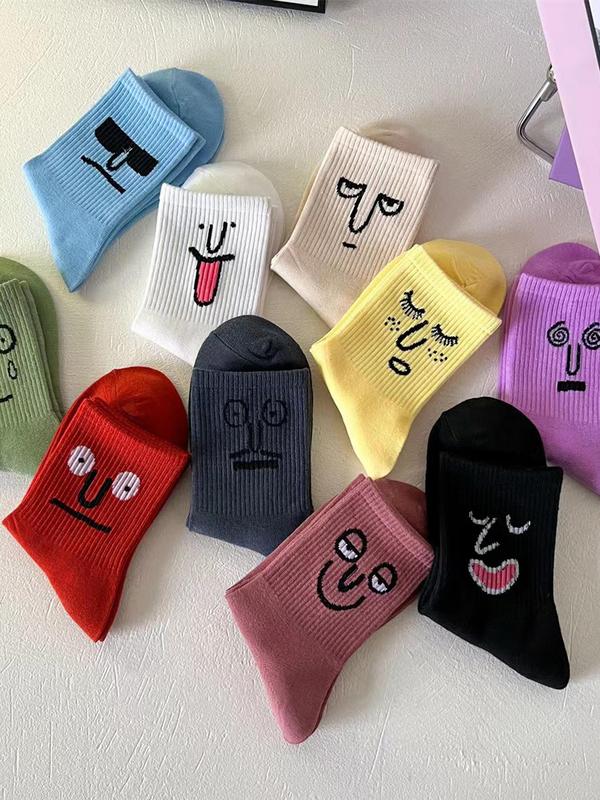 Women's 10 Pairs Cartoon Face Print Crew Socks, Cute Creative Comfortable Breathable Mid-calf Socks for Daily Wear, Women Socks for All Seasons