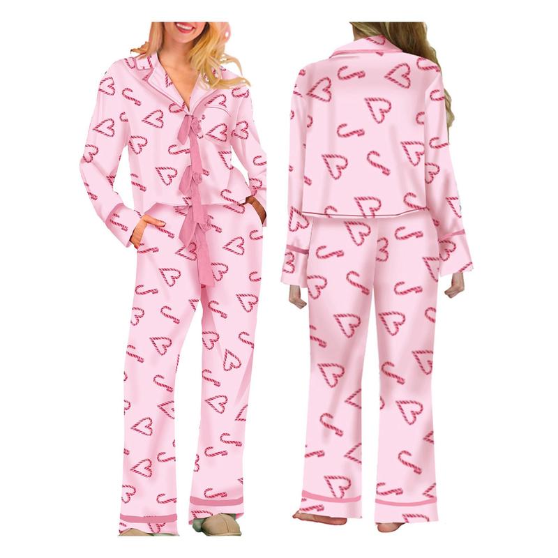 Mommy Matching Pajamas Bow Heart Print Tie Front Long Sleeve Tops and Long Pants Set Family Matching Sleepwear