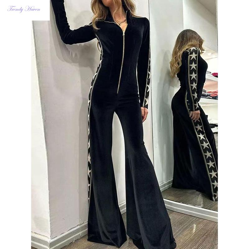 Women's Full-Length Velvet Jumpsuit, Star Print Long Sleeve Front Zipper Closure Playsuit Clubwear Womenswear Overalls