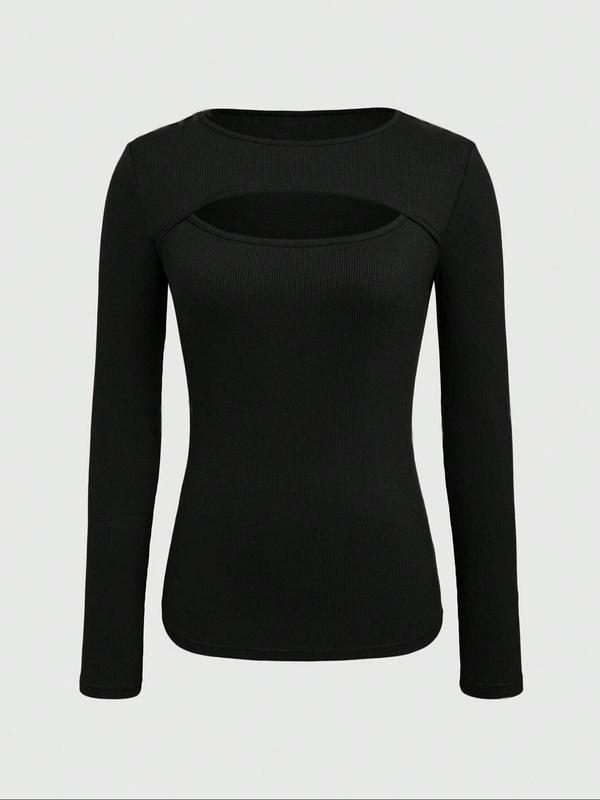 Women's Plain Cut Out Round Neck Tee, Casual Long Sleeve Crew Neck Top for Fall & Winter, Women's Clothing for Daily Wear