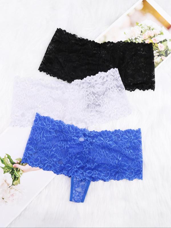  Floral Lace Semi-Sheer Panty, Soft Comfy Breathable Knicker for Daily Wear, Women's Underwear for All Seasons