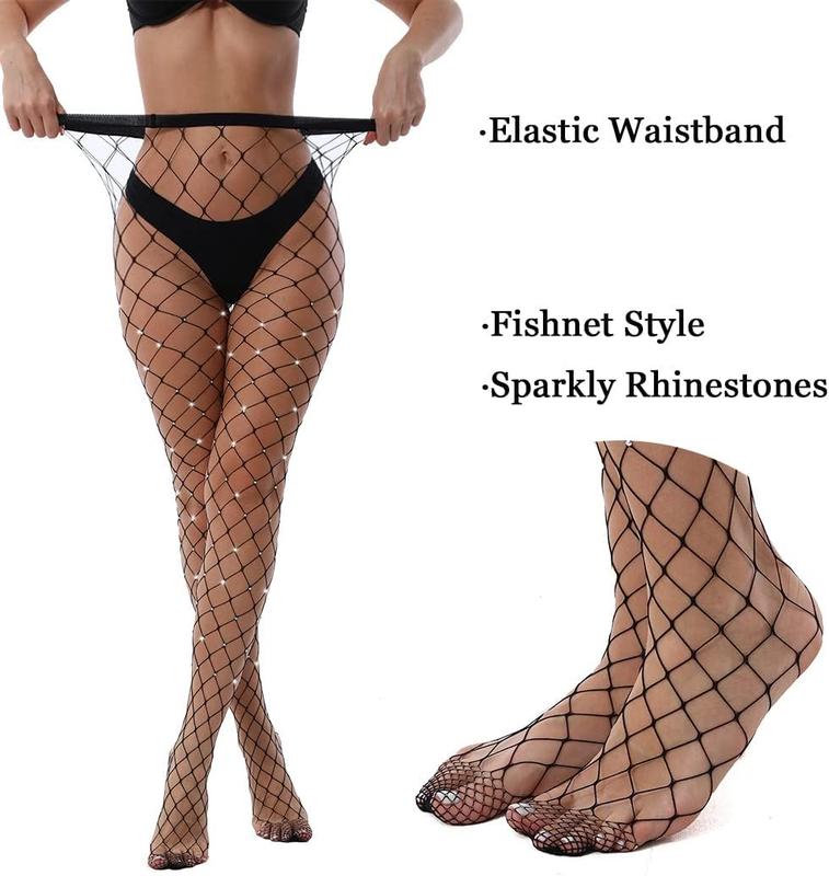 2 Pack Sparkly Large And Medium Mesh Fishnet Tights For Women Glitter Rhinestone Fishnets Stockings