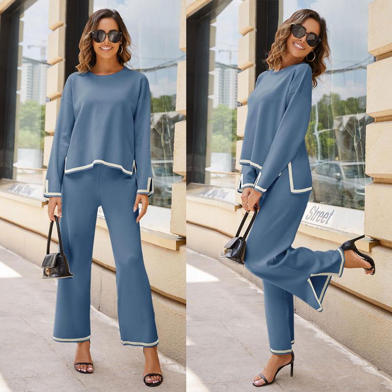 YeoKou Women's 2 Piece Outfits Long Sleeve Knit Sweater Top Wide Leg Pants Lounge Sets Tracksuits