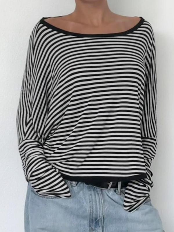 Women's Striped Print Twist Backless Batwing Sleeve Tee, Casual Boat Neck Long Sleeve T-Shirt for Daily Wear, Ladies Clothes for All Seasons