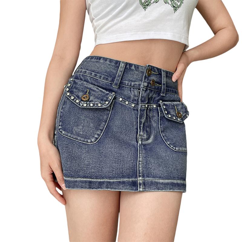 Womens Y2k Mini Denim Skirt Low Waisted Bodycon Short Pencil Jeans Skirts with Pockets 90s Streetwear