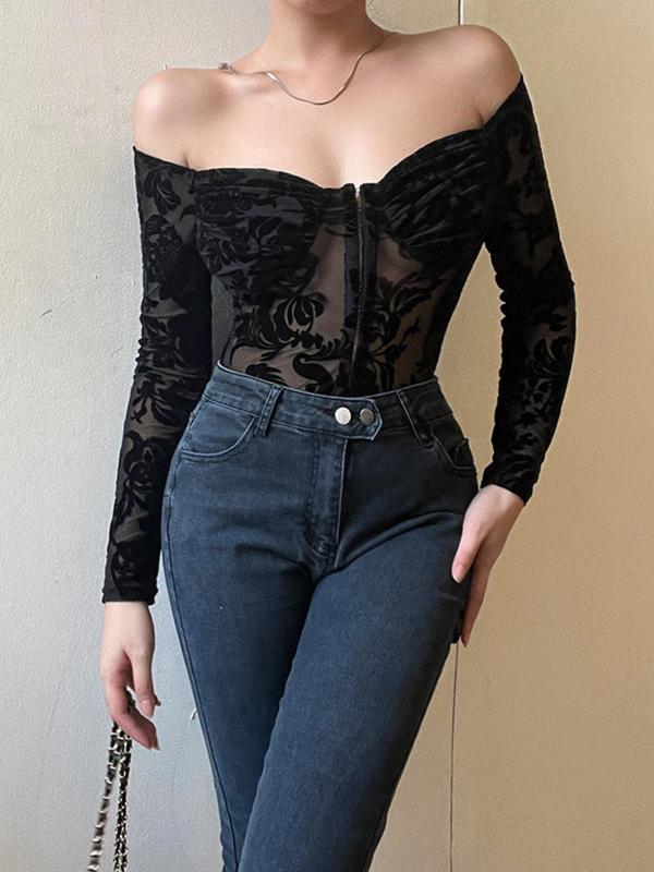 Women's Hook & Eye Closure Front Sheer Floral Lace Bodysuit, Elegant Sweetheart Neck Long Sleeve Bodysuit for Spring & Fall, Women's Clothing for Daily Wear