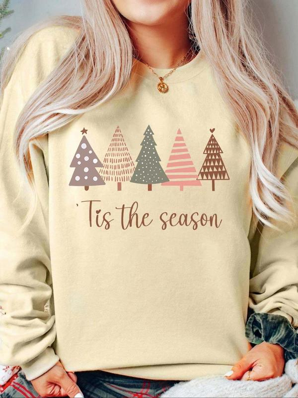 Women's Christmas Tree & Letter Print Drop Shoulder Sweatshirt, Casual Long Sleeve Round Neck Pullover for Fall & Winter, Ladies Clothes for Daily Wear