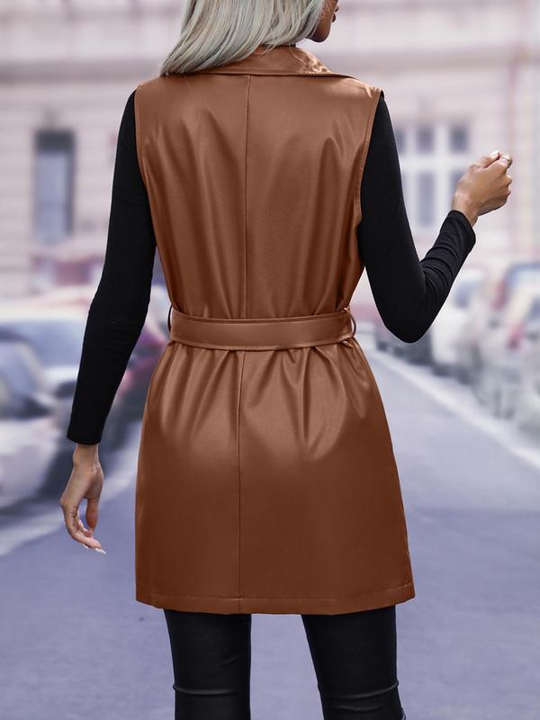 Women's Solid Belted Lapel Neck PU Leather Waistcoat, Elegant Fashion Casual Sleeveless Outerwear for Daily Outdoor Wear, Women Clothing for Fall & Winter