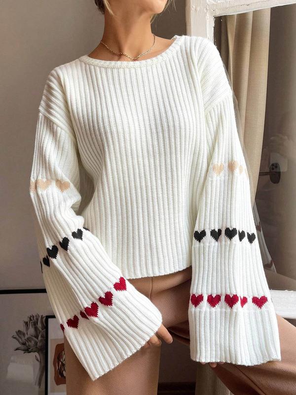 Women's Heart Print Sweater, Casual Long Sleeve Round Neck Jumper for Fall & Winter, Fashion Ladies' Knitwear for Daily Wear