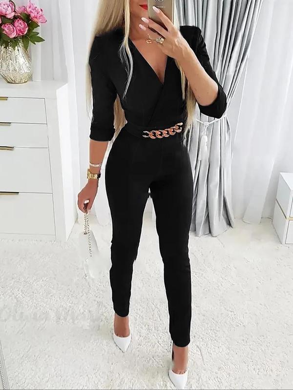 Women's Plain Chain Decor Zipper V Neck Wrap Jumpsuit, Elegant Fashion Casual Long Sleeve Skinny Jumpsuit for Daily Outdoor Wear, Ladies Clothes for All Seasons