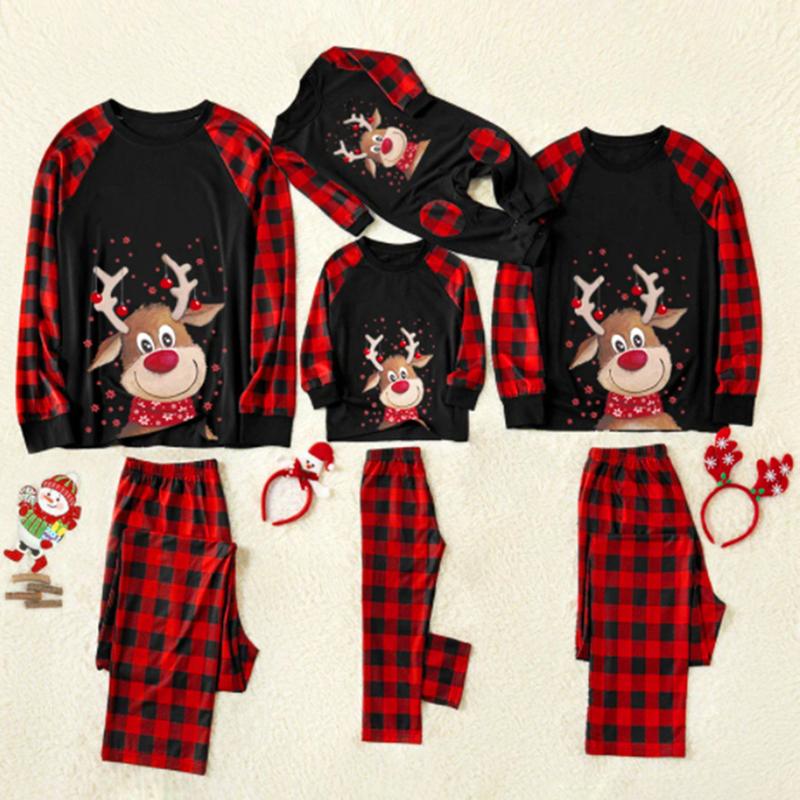 Christmas Costume Family Matching Deer Plaid Print Pajamas Round Neck Parent-child Clothing