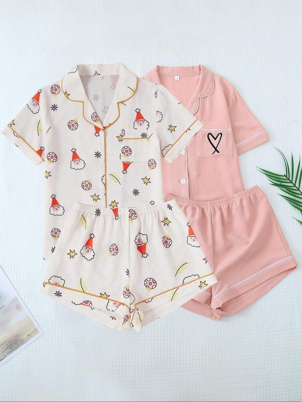 Women's Christmas Themed Pajama Set, Cute Heart  all Over Print Short Sleeve Lapel Neck Pocket Shirt & Elastic Waist Shorts Pj Set, Stylish Loungewear Women, Women's Sleepwear for All Seasons