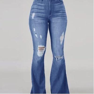 Women's Flared Pants High Waist Hole Slim Classic Flared Pants High Stretch Hole Breaking Jeans straight  fit pantalon cintura casual jean bell  bottom Womenswear Trouser Denim Comfort Streetwear Basic Flare Pants Minimalist