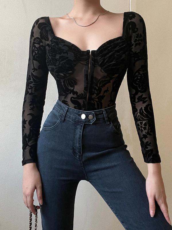 Women's Hook & Eye Closure Front Sheer Floral Lace Bodysuit, Elegant Sweetheart Neck Long Sleeve Bodysuit for Spring & Fall, Women's Clothing for Daily Wear