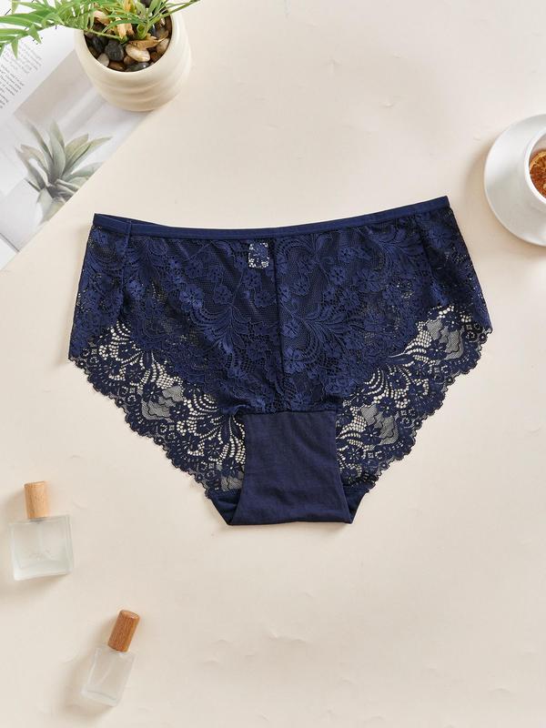 Plus Size Contrast Lace Knicker, Women's Elegant Comfy Breathable Panty Set, Fashion Ladies' Underwear for All Seasons