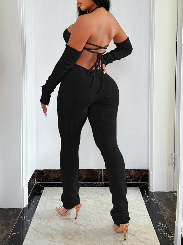 Women's Ripped Lace Up Sweater Jumpsuit, Basic Comfort Halter Neck Backless Jumpsuit, Jumpsuit for Women, Fall Outfits, Ladies' Clothes for Party Club, Please Purchase A Size Up Sweater