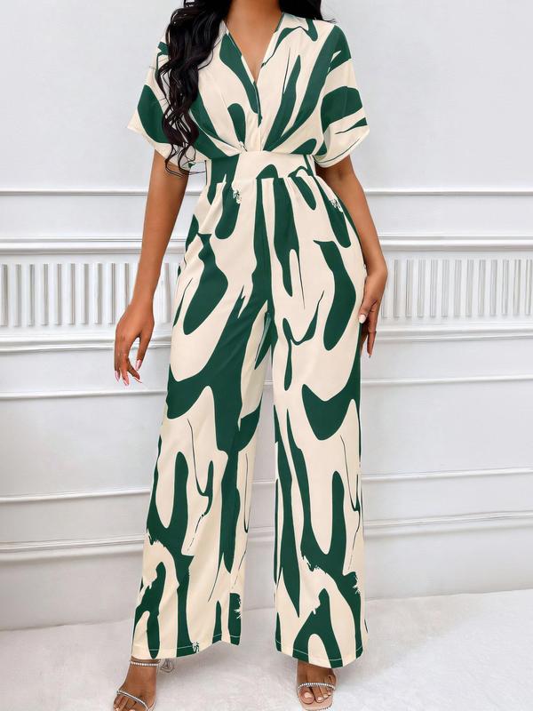 Women's All Over Print Shirred Jumpsuit, Elegant Batwing Sleeve Wide Leg Jumpsuit, Fashion Women's Clothes for Daily Wear