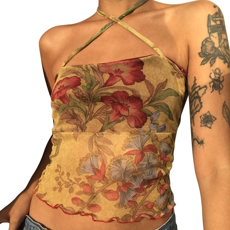 Ladies Summer Sexy Midriff-baring Camisole, Floral Printing Stringy Selvedge Hem Hanging Neck Sleeveless Mesh Tops