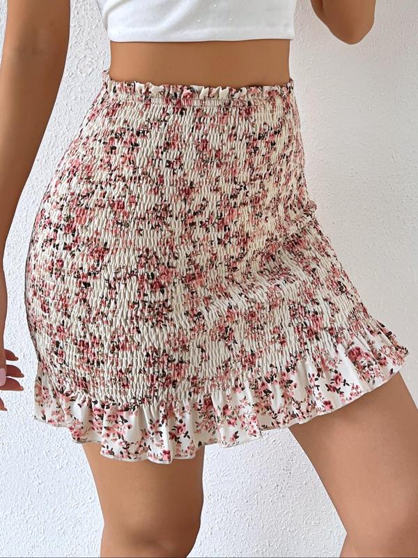 Women's Floral Print Ruffle Hem Shirred Bodycon Skirt, Fashion Casual High Waist Mini Skirt for Daily Holiday Vacation Wear, Women Bottoms for Summer