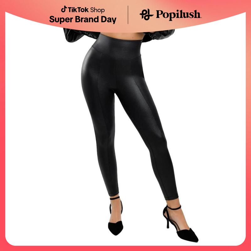 Popilush High-Rise Faux Leather Shapewear Leggings with Tummy Control