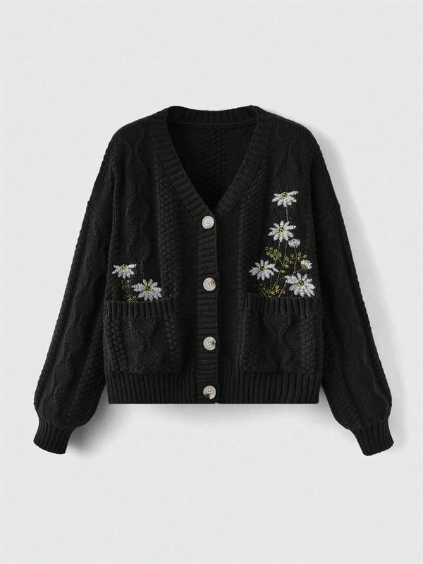 Women's Floral Embroidered Cable Knit Cardigan, Casual Long Sleeve Button Front Pocket Fall Knitwear, Fashion Ladies' Knit Clothing for Fall, Vintage Clothing, Preppy 80s Clothes